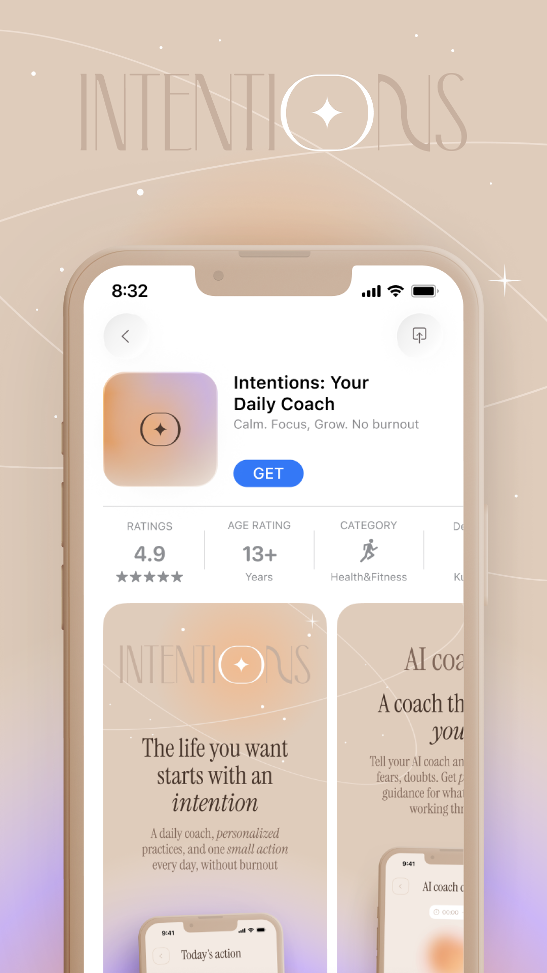 Intentions app store screens and daily practice preview